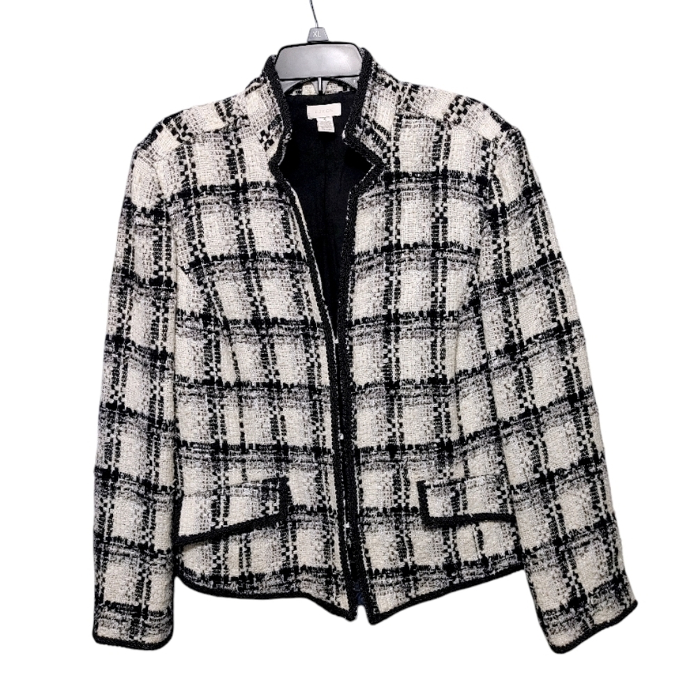 Chico's Black White Checkered Tweed  Blazer Jacket Women's Size 3 - XL